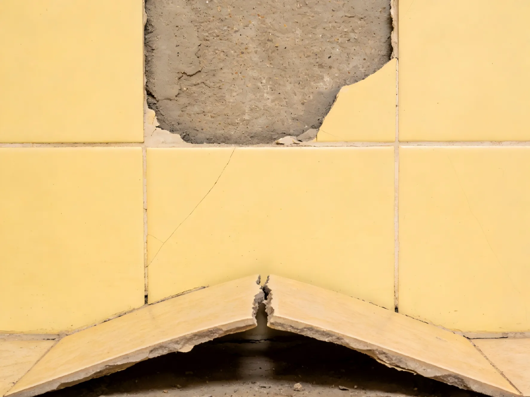 Loose wall tile with visible hollow backing and failed bonding layer